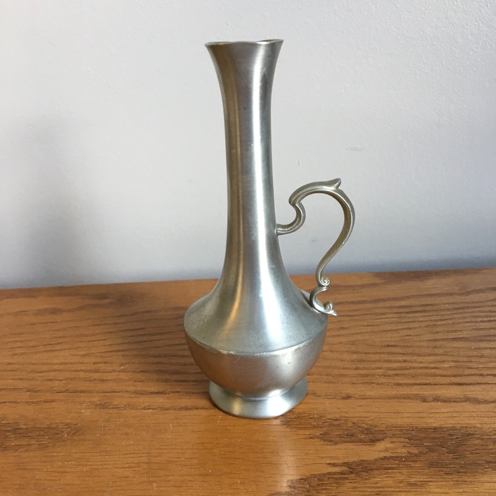 WEB Pewter Bud Vase 1158 Scrolled Handle Decorative Metal Flower Holder Vintage